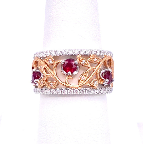 Elegant Ruby and Diamond Band Ring in Rose and White Gold A093MR1151-1