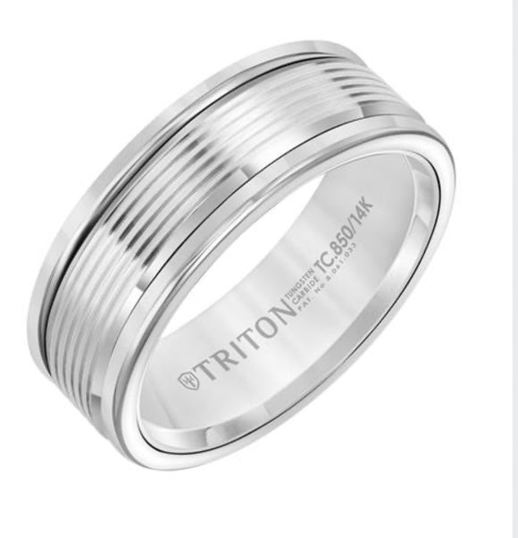 White Tungsten Carbide and White Gold Triton Wedding Band D00511-2409